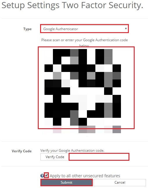 [Google Authenticator] を選択して [Apply to all other unsecured features] にチェックを入れる